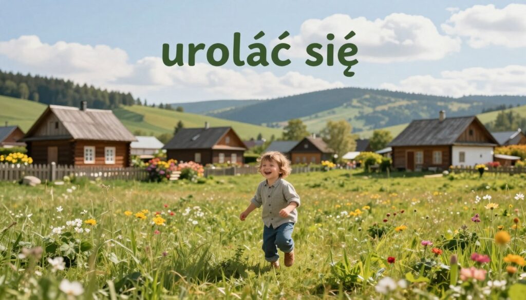 A serene village landscape depicting a quaint setting where a young child is joyfully playing in a lush green meadow, symbolizing new beginnings, innocence, and the phrase "urodził się". In the foreground, the child is laughing, dressed in modest casual clothing. In the middle ground, there are traditional wooden houses with colorful flowers blooming around them, representing a close-knit community. The background features rolling hills under a bright, sunny sky with a few fluffy clouds, evoking a sense of warmth and positivity. Soft, natural lighting casts gentle shadows, enhancing the lively atmosphere. The composition is wide-angle, capturing both the child and the picturesque environment, inviting viewers to feel the essence of birthplace and origin.