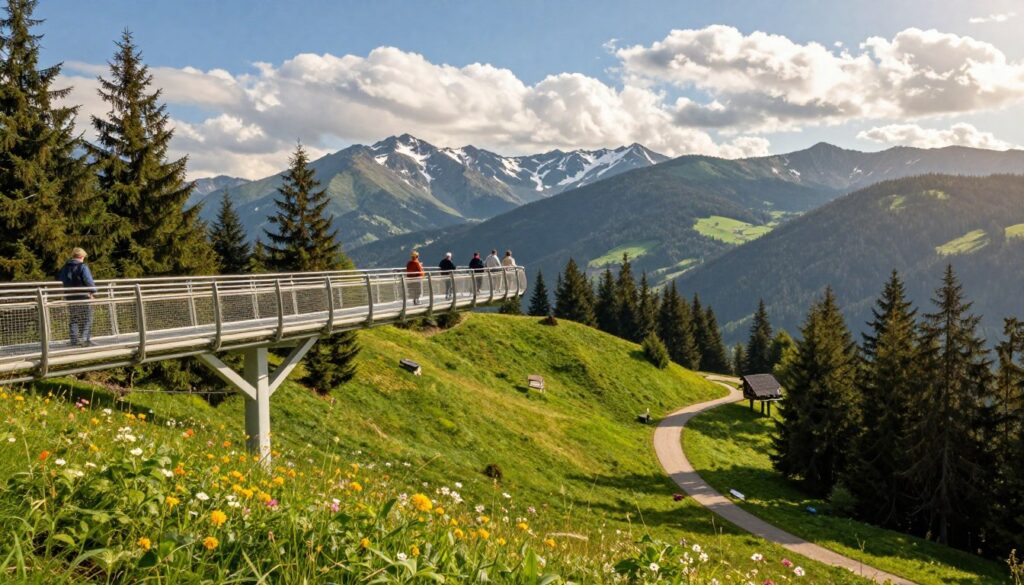 A stunning view of the Sky Walk in Świeradów-Zdrój, set against a dramatic mountain backdrop. In the foreground, capture a sleek, modern structure of the Sky Walk, featuring transparent walkways that seem to extend into the clouds, with visitors casually admiring the breathtaking scenery. In the middle, lush green hills and vibrant wildflowers dot the landscape, while a winding path leads towards the Sky Walk. The background showcases majestic pine trees and distant snow-capped peaks under a bright blue sky with fluffy white clouds. The lighting is warm and inviting, casting soft shadows, creating an uplifting and peaceful atmosphere. The angle should be slightly elevated to emphasize the height of the walk and the expansive view beyond. A stunning view of the Sky Walk in Świeradów-Zdrój, set against a dramatic mountain backdrop. In the foreground, capture a sleek, modern structure of the Sky Walk, featuring transparent walkways that seem to extend into the clouds, with visitors casually admiring the breathtaking scenery. In the middle, lush green hills and vibrant wildflowers dot the landscape, while a winding path leads towards the Sky Walk. The background showcases majestic pine trees and distant snow-capped peaks under a bright blue sky with fluffy white clouds. The lighting is warm and inviting, casting soft shadows, creating an uplifting and peaceful atmosphere. The angle should be slightly elevated to emphasize the height of the walk and the expansive view beyond.