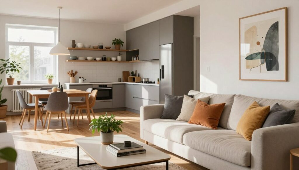 A stylish, modern interior living space, featuring an elegant blend of Scandinavian and contemporary design elements. In the foreground, a cozy seating area with a plush, light-colored sofa adorned with vibrant throw pillows. A chic coffee table holds a small, tasteful arrangement of plants and books. The middle ground showcases a sleek kitchen with open shelving, showcasing tasteful dishware and decor items. Large windows allow natural light to flood the room, casting soft shadows on the light hardwood floor. In the background, a tasteful art piece hangs on the wall, enhancing the sophistication of the space. The atmosphere feels warm and inviting, perfect for casual gatherings or intimate moments. The lighting is bright yet soft, creating a serene environment.