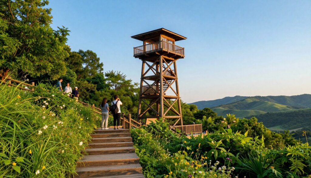 A tall wooden observation tower rises majestically among lush green treetops, illuminated by the warm glow of a late afternoon sun. The foreground features wooden steps leading up to the tower, surrounded by vibrant greenery and blooming wildflowers. In the midground, the tower itself stands at 32 meters, showcasing its rustic design with viewing platforms. Visitors in casual attire gaze out over breathtaking panoramic views of a hilly landscape dotted with trees, distant mountains, and a clear blue sky, capturing the essence of nature's beauty. The background includes soft, rolling hills, creating a serene and inviting atmosphere. The image should reflect a sense of adventure and tranquility, perfect for a nature outing.