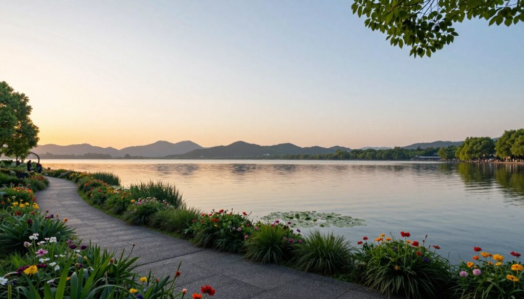 A tranquil lakeside scene at golden hour, capturing the breathtaking beauty of a calm freshwater lake surrounded by lush greenery. In the foreground, a winding path lined with vibrant flowers invites leisurely strolls. The middle ground features serene waters reflecting the soft hues of the sunset, dotted with lily pads. In the background, gentle hills roll softly under a clear sky, while a few trees frame the edges. The scene is bathed in warm, inviting light, creating a peaceful atmosphere. The composition should use a wide-angle lens to emphasize the depth of the landscape, with subtle reflections on the water adding to the serene mood, free of any human figures or text.