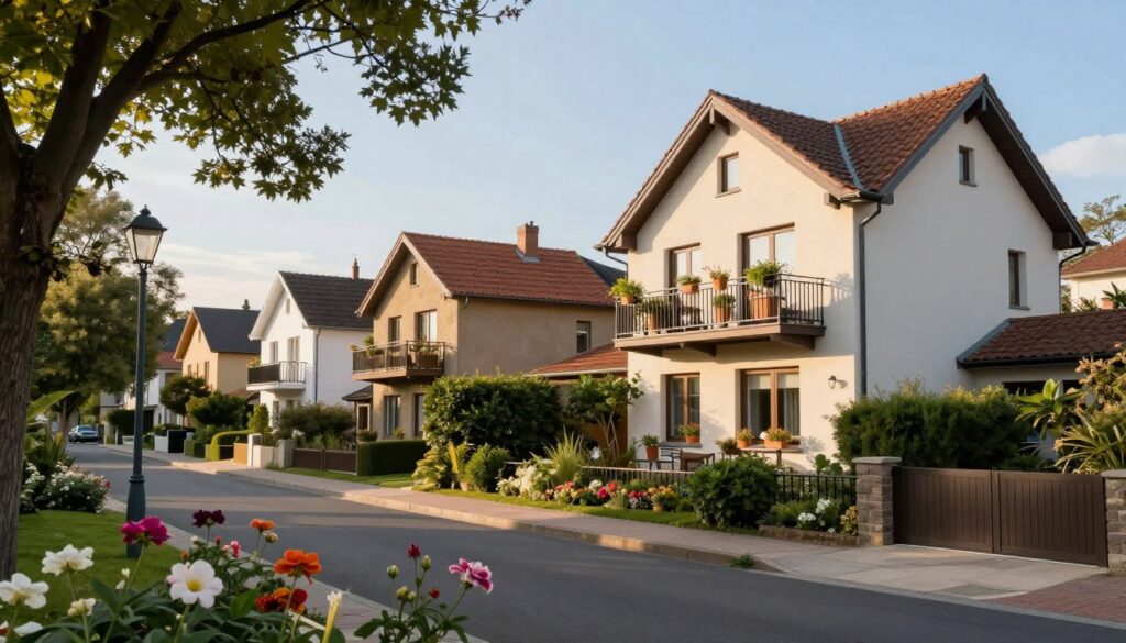 A tranquil residential neighborhood illustrating a typical European home environment, featuring an inviting house with a well-manicured garden and blooming flowers in the foreground. The house is two-storied, with a cozy balcony adorned with potted plants, reflecting a warm, welcoming atmosphere. In the middle ground, gently curving streets lined with trees and quaint street lamps lead the eye to the house. In the background, a clear blue sky embodies a peaceful afternoon ambiance with soft sunlight filtering through the leaves. The lighting should create subtle shadows for depth, and the focus should capture the warmth and serenity of a residential area. Aim for a natural, harmonious composition that signifies a safe, homely place.