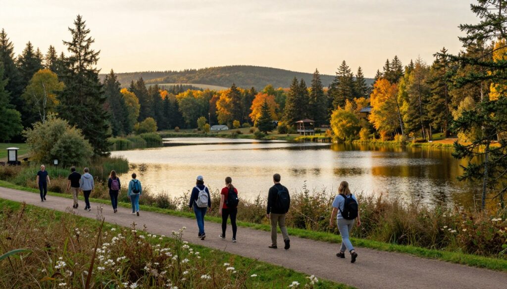 A tranquil scene of Wielkopolski Park Narodowy, showcasing serene lakes surrounded by lush greenery. In the foreground, a group of hikers in modest casual clothing stroll along a well-marked trail, enjoying nature. In the middle ground, the lakes glisten under the soft golden light of the setting sun, reflecting the vibrant autumn foliage. Tall pine trees and delicate wildflowers frame the edges, adding color and warmth. The background features gentle hills, creating a sense of depth, with a few lookout spots peeking through the trees that invite exploration. The atmosphere is peaceful and rejuvenating, perfect for a post-work reset in nature, captured with a wide-angle lens to emphasize the expansive beauty of the park.