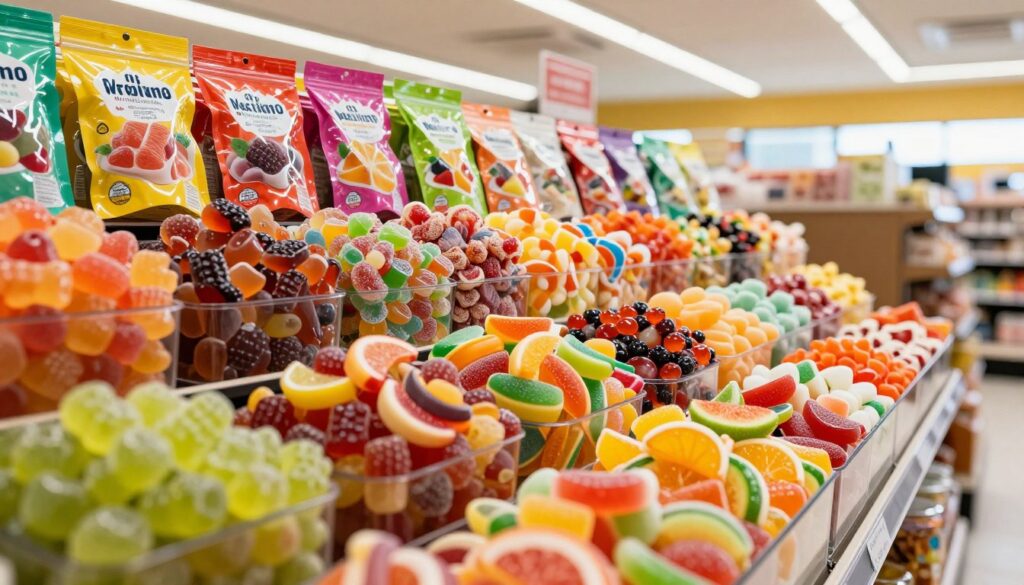 A vibrant and colorful display of assorted gummy candies in a grocery store setting. In the foreground, focus on a variety of gummy bears, fruit slices, and sour gummies, arranged enticingly in transparent containers. In the middle ground, showcase a well-organized aisle filled with brightly labeled candy packages, emphasizing the healthier options, like sugar-free and low-calorie gummies, with prominent nutrition labels. The background features a warm, inviting store atmosphere, with soft, natural lighting filtering through overhead fixtures, creating a cheerful mood. Use a slightly elevated angle to capture the entire scene, ensuring a clear view of the candy selection, while maintaining a clean and professional aesthetic, without any distractions like people or text.