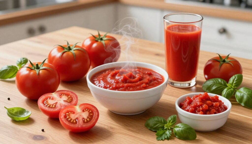 A vibrant and detailed composition showcasing various forms of tomatoes, including raw whole tomatoes, sliced and diced tomatoes, a steaming bowl of tomato sauce, a tall glass of fresh tomato juice, and a small dish of tomato puree. Arrange these items artfully on a wooden kitchen table, with fresh herbs like basil and parsley scattered around for added color. Use natural soft lighting to enhance the freshness of the ingredients, casting gentle shadows that create a warm atmosphere. Capture the scene from a slightly elevated angle to provide a clear view of the different tomato forms while maintaining a cozy, inviting kitchen vibe. The overall mood should be appetizing and fresh, reflecting the delicious possibilities of tomatoes in various culinary uses.