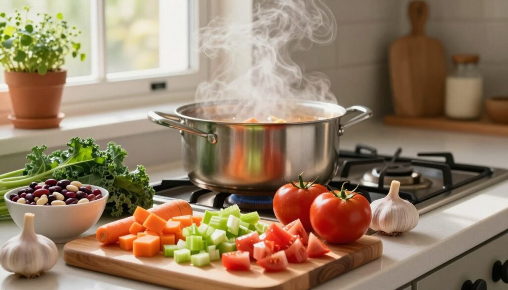 A vibrant and inviting kitchen countertop arranged with a variety of fresh ingredients for making a hearty soup. In the foreground, a wooden cutting board holds diced carrots, chopped celery, and diced tomatoes, all glistening with freshness. A bowl of colorful beans, a sprig of leafy kale, and a head of garlic are artistically placed nearby. The middle layer features a large pot simmering on the stove, with steam rising gently, suggesting a warming dish in progress. In the background, warm, soft lighting enhances the cozy atmosphere, highlighting a window with natural light filtering through herbs in pots. The scene conveys a sense of health, freshness, and culinary creativity, perfect for a nutritious soup.