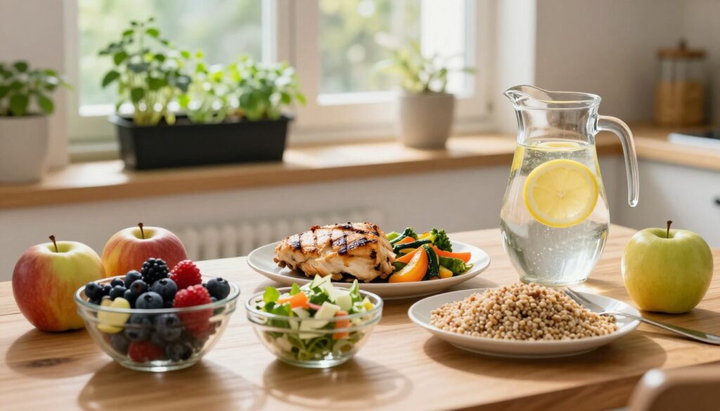 A vibrant and inviting kitchen scene with a focus on a healthy diet suitable for post-gallbladder removal recovery. In the foreground, a wooden table displays colorful dishes filled with fresh fruits, such as apples and berries, along with a light salad and whole grains. A pitcher of water with lemon slices glimmers in the soft, natural lighting streaming through a nearby window. In the middle ground, a plate holds a serving of grilled chicken and steamed vegetables. The background features a small herb garden on a windowsill, emphasizing natural healing. The atmosphere is warm and cheerful, suggesting a nurturing environment that supports recovery, with an overall bright and optimistic mood.
