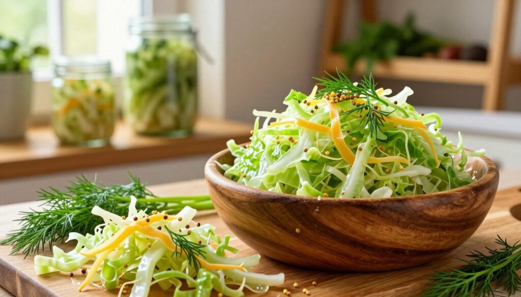 A vibrant arrangement of "kapusta kiszona" (fermented cabbage) in a rustic wooden bowl, glistening with natural juices that hint at its probiotic benefits. In the foreground, finely sliced, bright green and golden strands of cabbage sprout, with delicate sprigs of dill and mustard seeds sprinkled artistically on top. The middle ground showcases a traditional kitchen setting, with a wooden table and glass jars containing other fermented vegetables, softly lit by warm, diffused sunlight coming through a nearby window. The background is slightly blurred, featuring a simple wooden shelf lined with herbs and spices, creating a cozy, inviting atmosphere. Overall, the image evokes health, nourishment, and the earthy charm of homemade fermentation, with an emphasis on the natural beauty and integrity of the ingredients.