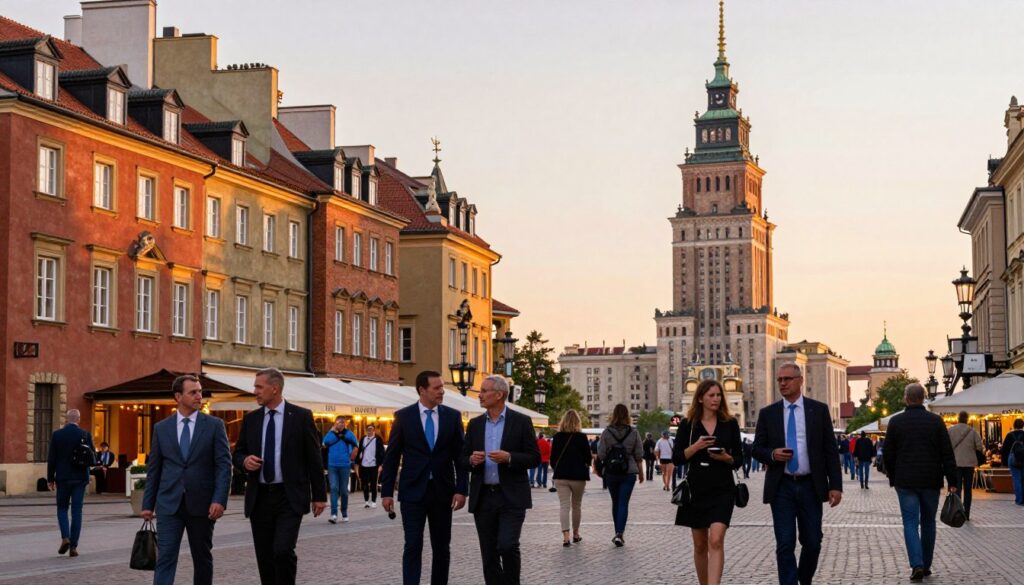 A vibrant, bustling scene of Krakowskie Przedmieście in Warsaw during golden hour, capturing the essence of the city's "salon." In the foreground, elegantly dressed pedestrians stroll along the cobblestone path, immersed in conversation, showcasing the city's lively atmosphere. The middle ground features the historic buildings of Krakowskie Przedmieście, adorned with delicate architectural details such as baroque sculptures and classical facades, bathed in warm, soft light. In the background, the iconic Presidential Palace stands majestically against a softly lit sky, hinting at twilight. The mood is inviting and vibrant, evoking a sense of exploration and cultural richness. The image should have a shallow depth of field to emphasize the people in the foreground while gently blurring the background.