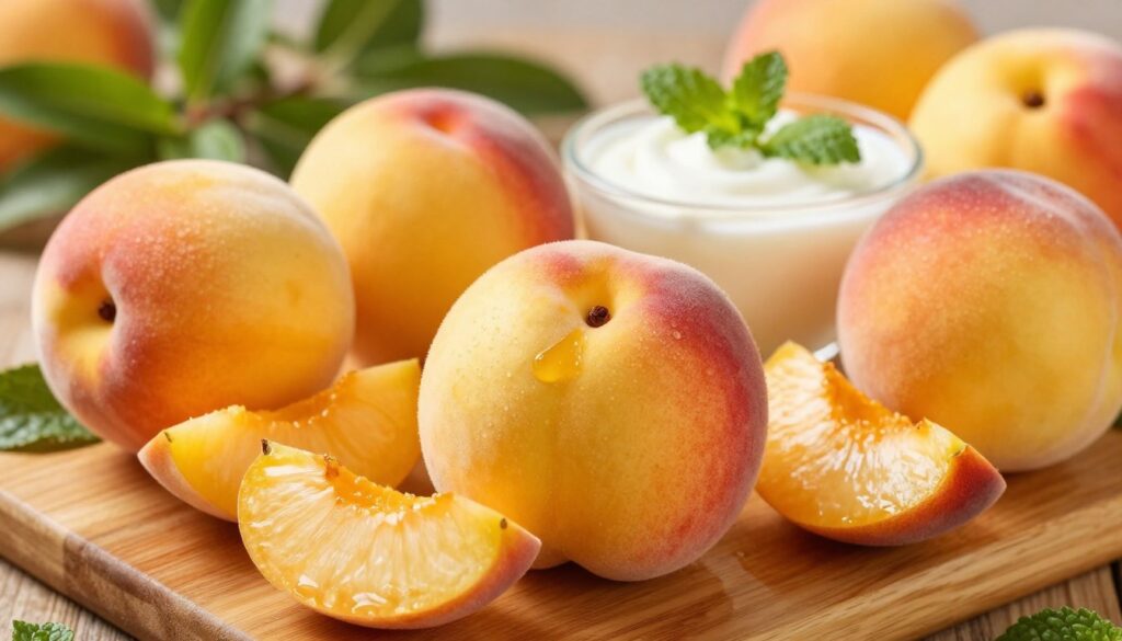 A vibrant, close-up image of fresh nectarines arranged artfully on a wooden cutting board. In the foreground, focus on the nectarines, showcasing their smooth, shiny skin with warm shades of yellow and red, some sliced to reveal their juicy, golden flesh. In the middle ground, include a small bowl of yogurt adorned with mint leaves, symbolizing health and digestion. The background features blurred green leaves and subtle hints of herbs, creating a natural, organic atmosphere. Soft, warm lighting bathes the scene, enhancing colors and inviting a sense of freshness. The angle should be slightly above eye level, creating an engaging perspective. The overall mood is cheerful and nutritious, emphasizing the connection between nectarines and digestive health.