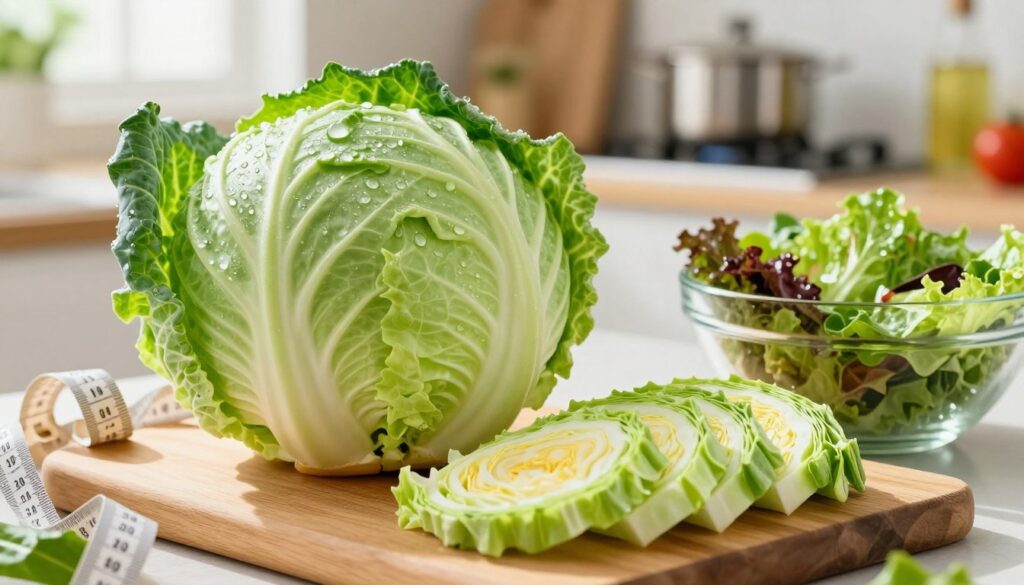 A vibrant, close-up image showcasing fresh green cabbage with droplets of dew on its leaves, symbolizing health and nutrition. In the foreground, display slices of cabbage artfully arranged on a wooden cutting board, alongside a measuring tape and a vibrant salad bowl filled with mixed greens. The middle ground features a blurred background of a sunlit kitchen, hints of cooking utensils and fresh vegetables creating a homely and inviting atmosphere. Use soft lighting to emphasize the freshness of the cabbage while casting gentle shadows that create depth. The overall mood is wholesome and inspiring, encouraging healthy eating habits and weight management without feeling deprived. Avoid specific elements that suggest any unhealthy concepts.