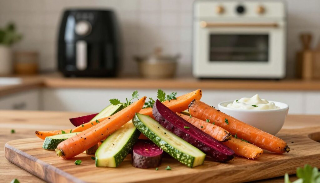 A vibrant close-up of colorful vegetable fries displayed artistically on a rustic wooden table. The foreground features crispy carrot, zucchini, and beetroot fries, garnished with fresh herbs and served with a small bowl of creamy dipping sauce. The middle ground shows a soft-focus backdrop of an aesthetically pleasing kitchen setting with an air fryer and a rustic oven, hinting at healthy cooking methods. The warm, natural lighting creates an inviting atmosphere, accentuating the textures and colors of the vegetable fries. A shallow depth of field focuses on the fries while the background remains pleasantly blurred, enhancing the visual appeal and emphasizing the section's theme of reducing and diversifying flavors.