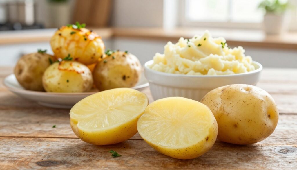 A vibrant composition featuring "skrobia oporna", or resistant starch potatoes, artistically displayed on a rustic wooden table. In the foreground, freshly boiled and steamed potatoes are cut in half, showcasing their creamy flesh and unique texture. In the middle ground, a small bowl of fluffy mashed potatoes sits next to a plate of golden-brown baked potatoes, all garnished with fresh herbs. The background includes soft-focus elements, such as a kitchen setting with natural light streaming through a window, giving the scene a warm and inviting atmosphere. The lighting is soft yet bright, creating a cozy feel that highlights the nutritional aspects of the potatoes. A gentle depth of field helps to draw attention to the delectable foods in the foreground.