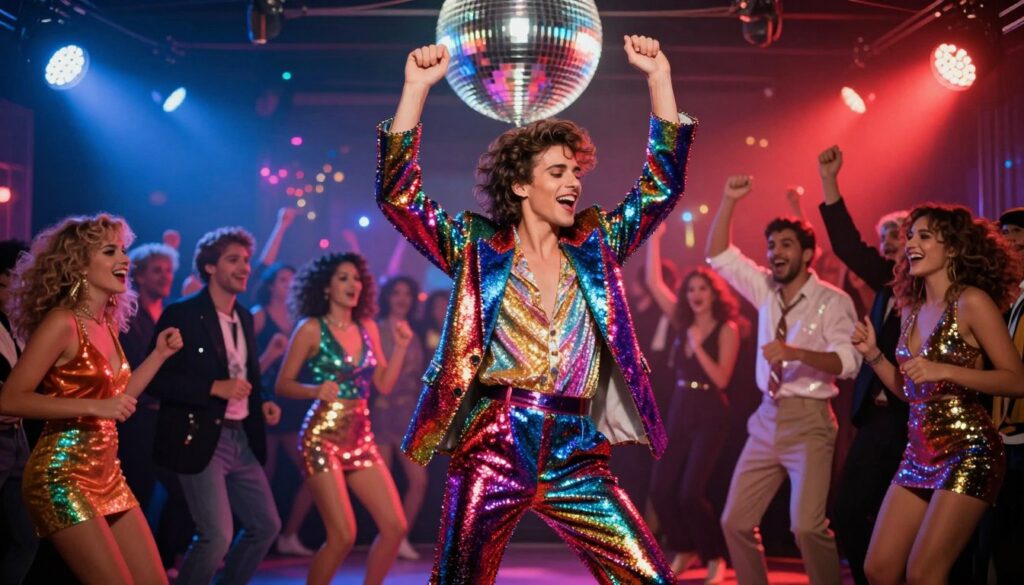 A vibrant disco star performing on stage, dressed in a stylish and colorful sequined suit, exuding charisma and energy. In the foreground, the performer strikes a dynamic pose, arms raised as if engaging with the audience. The middle ground features an enthusiastic crowd, dressed in trendy outfits, dancing and enjoying the performance. The background is filled with dazzling disco lights, shimmering reflections, and a glittering disco ball that casts colorful patterns across the scene. The atmosphere is electric and joyful, capturing the essence of a disco era. The lighting is bright and dramatic, highlighting the performer and creating depth. The image should evoke a sense of celebration and nostalgia for the disco music scene.
