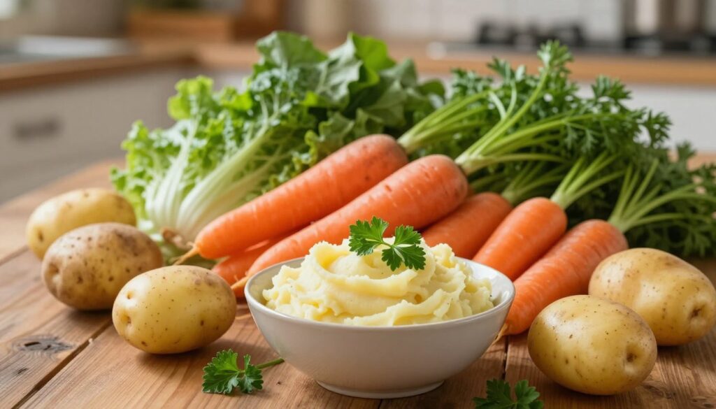 A vibrant display of a variety of fresh vegetables including potatoes, carrots, and leafy greens arranged artfully on a rustic wooden table. In the foreground, focus on a bowl of creamy mashed potatoes, with a sprig of parsley on top, and a few whole potatoes scattered around. In the middle, bright orange carrots and leafy greens add color and texture. The background showcases a softly blurred kitchen setting with warm, inviting lighting to create a cozy atmosphere. The overall mood is wholesome and natural, epitomizing the essence of healthy eating. Use a soft focus lens to enhance the organic feel, and capture the image from a slightly elevated angle that emphasizes the depth and richness of the vegetables.