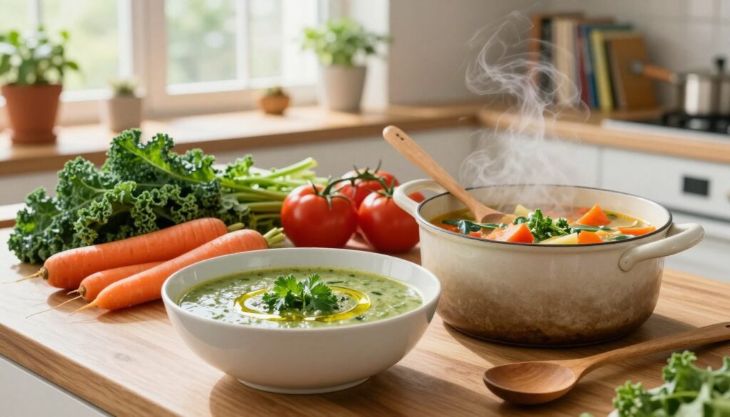 A vibrant kitchen scene showing a diverse array of healthy soups laid out on a wooden countertop. In the foreground, a large bowl of green vegetable soup garnished with fresh herbs and a drizzle of olive oil. Next to it, a rustic pot filled with a colorful mixed vegetable broth, steam rising gently. In the middle ground, ingredients like fresh kale, carrots, and tomatoes are artfully arranged, with a wooden spoon resting atop. The background features bright, natural lighting streaming through a window, plants in pots, and cookbook shelves, creating a warm and inviting atmosphere. The focus is on the wholesome ingredients and the preparation aesthetic, evoking a feeling of health, nourishment, and culinary creativity.