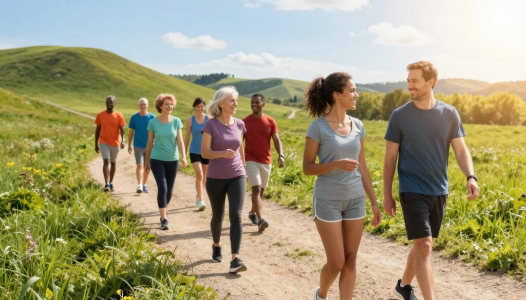 A vibrant outdoor scene depicting a diverse group of individuals happily walking along a picturesque trail, symbolizing the concept of "10,000 steps." In the foreground, two people in casual athletic wear are engaged in a friendly conversation, showcasing a sense of camaraderie. The middle ground features others of varying ages and backgrounds, confidently walking with pedometers visible, symbolizing their commitment to tracking physical activity. The background showcases a lush, green landscape with gentle hills and a blue sky, while the sun casts warm, golden light, creating an inviting atmosphere. The perspective is slightly elevated to capture the dynamic movement of the walkers and the scenery, evoking feelings of motivation and health.