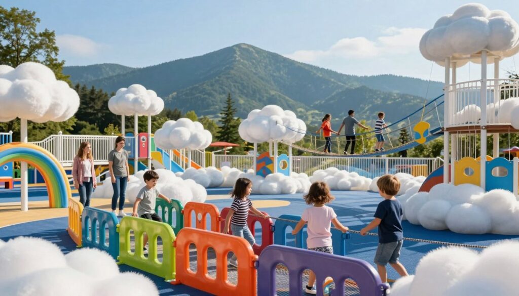 A vibrant scene depicting a children's attraction in Dolní Morava, showcasing a family enjoying a fun-filled day in a cloud-themed park. In the foreground, children of diverse backgrounds are joyfully playing on interactive playground equipment surrounded by colorful safety barriers, one child is cautiously navigating a bridge high above, illustrating a slight height challenge. The middle ground displays soft cloud formations, with parents observing nearby, dressed in modest casual clothing. The background features a stunning mountain view under a clear blue sky, with gentle sunlight illuminating the scene, creating a warm and inviting atmosphere. The composition should have a depth of field that draws focus to the children while keeping the majestic mountains visible, evoking a sense of adventure and safety in this unique environment.