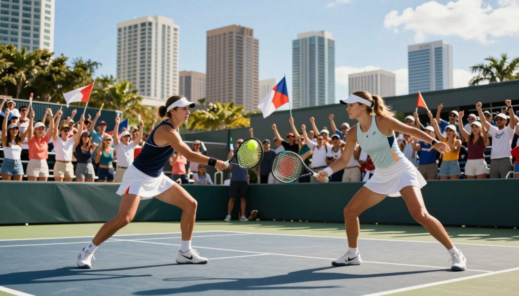 A vibrant sports scene set in Miami featuring a heated tennis match between two professional players, depicted mid-game with an intense focus on their determined expressions. The foreground showcases a male and female tennis player in classy sports attire, each poised to hit the ball, demonstrating athleticism and teamwork. The middle ground captures a lively audience, with fans cheering passionately, waving flags, and showing a range of emotions, embodying the thrill of the competition. The background reveals the iconic Miami skyline under a clear blue sky, with the warm sun casting dynamic shadows on the court. The atmosphere is electric, filled with excitement and anticipation, ideal for illustrating a high-stakes sporting event in a vibrant city.