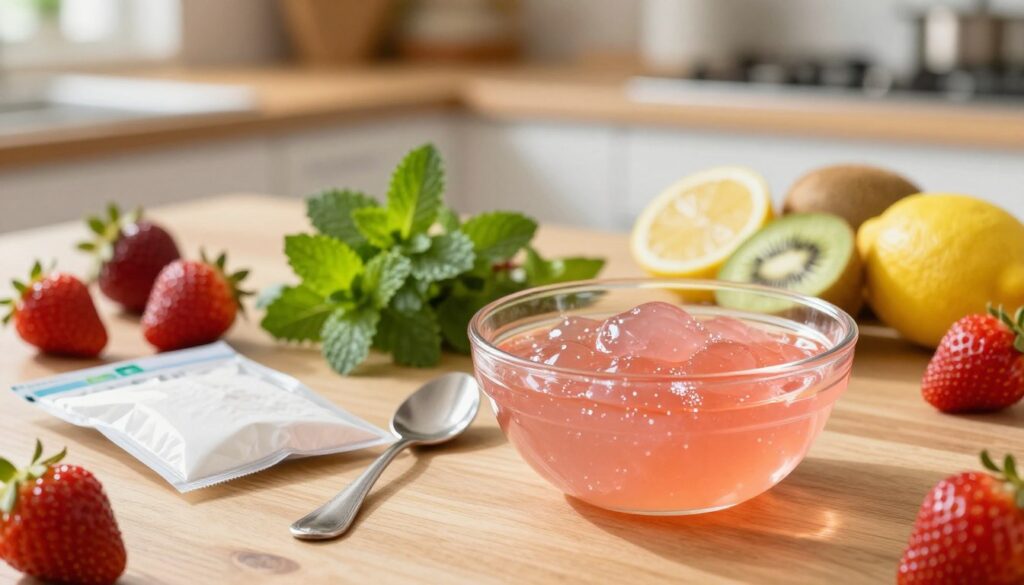 A vibrant still life arrangement of jelly ingredients, featuring a colorful assortment of fruits like strawberries, lemons, and kiwis, alongside a clear gelatin powder pack. In the foreground, a glass bowl filled with shimmering, prepared pink jelly catches the light, reflecting a soft glow. In the middle ground, an assortment of fresh herbs like mint adds a hint of green freshness, while a silver spoon rests beside the bowl. The background is softly blurred, with a wooden kitchen table and a warm, inviting kitchen ambiance. Natural light streams in, creating a warm and appetizing atmosphere, enhancing the idea of homemade delicacies. The overall mood is cheerful and inviting, perfect for illustrating the exploration of jelly ingredients and their impact on healthy eating choices.