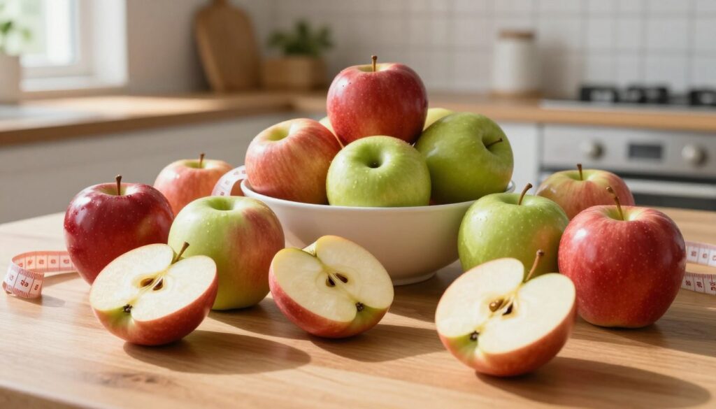 A vibrant still life composition showcasing fresh apples, elegantly arranged on a wooden kitchen table. In the foreground, several juicy, glossy apples of varying shades of red and green, some sliced to reveal their crisp, white flesh. The middle ground includes an inviting bowl filled with mixed apples, surrounded by a measuring tape and a scale, symbolizing healthy eating and diet considerations. Light streams in from a nearby window, casting soft shadows and enhancing the apples' natural shine. The background features a blurred kitchen scene with minimalistic decorations, promoting a warm and healthy atmosphere. The mood is uplifting and inspiring, encouraging viewers to appreciate the benefits of apples in a diet.