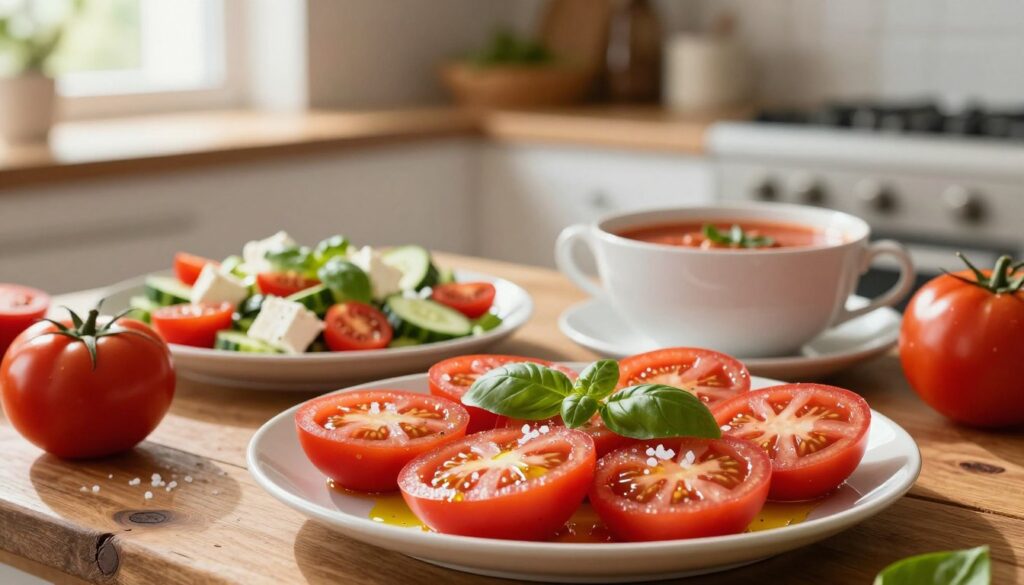 A vibrant, visually appealing composition of a tomato diet spread, showcasing various dishes prominently featuring tomatoes. In the foreground, a beautifully arranged platter with ripe, sliced heirloom tomatoes, drizzled with olive oil, fresh basil, and a sprinkle of sea salt. In the middle, a rustic wooden table adorned with a colorful salad of cherry tomatoes, cucumbers, and feta cheese, alongside a bowl of tomato soup in an elegant ceramic cup. The background features a softly blurred kitchen setting, with warm, natural sunlight streaming through a window, casting a gentle glow on the scene. The atmosphere is fresh and inviting, evoking a sense of health and vitality associated with a tomato-based diet.