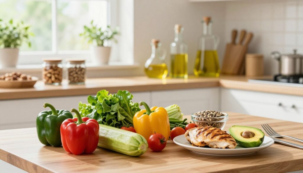 A vibrant, visually appealing kitchen scene illustrating a low-carb diet. In the foreground, a wooden table is laden with a variety of colorful, fresh vegetables like bell peppers, zucchini, and leafy greens, along with a plate of grilled chicken and avocado slices. In the middle, a well-organized countertop showcases an array of nuts, seeds, and healthy oils in elegant glass containers. The background features a sunny window with plants, casting soft natural light across the scene, creating a warm and inviting atmosphere. The composition reflects a sense of health, vitality, and simplicity, evoking an encouraging and inspiring mood for those considering a low-carb lifestyle. The setting should be clean and modern, emphasizing freshness and nourishment.