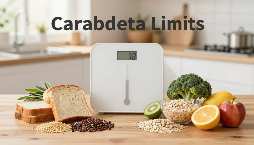 A visually appealing and informative graphic depicting the concept of carbohydrate intake for dieting. In the foreground, display an array of healthy foods rich in carbohydrates such as whole grains, fruits, and vegetables, artistically arranged on a wooden table. In the middle ground, include a digital scale or measuring cups to symbolize precise carbohydrate measuring, surrounded by slices of bread and a bowl of oatmeal. In the background, softly blurred, depict a sunlit kitchen with natural light streaming in, evoking a warm and inviting atmosphere. The overall mood should feel balanced and motivational, encouraging readers to respect their dietary choices while enjoying food. The image should capture the essence of setting dietary limits with a clean, modern composition.