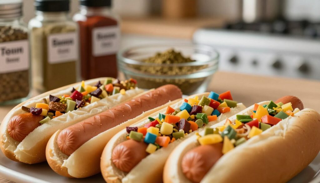 A visually appealing close-up of a plate filled with various types of hot dogs, showcasing unhealthy additives like artificial colors and preservatives. The foreground focuses on the hot dogs, some cut open to reveal the vibrant yet unappetizing colors of the fillers inside. The middle ground features a transparent bowl with a selection of labeled spice jars containing additives. The background is softly blurred, depicting a kitchen setting with warm lighting, evoking a sense of caution and awareness about food choices. Emphasize rich textures and contrasting colors to highlight the unhealthy aspects of these foods. Create a mood of contemplation, encouraging viewers to think critically about food ingredients.