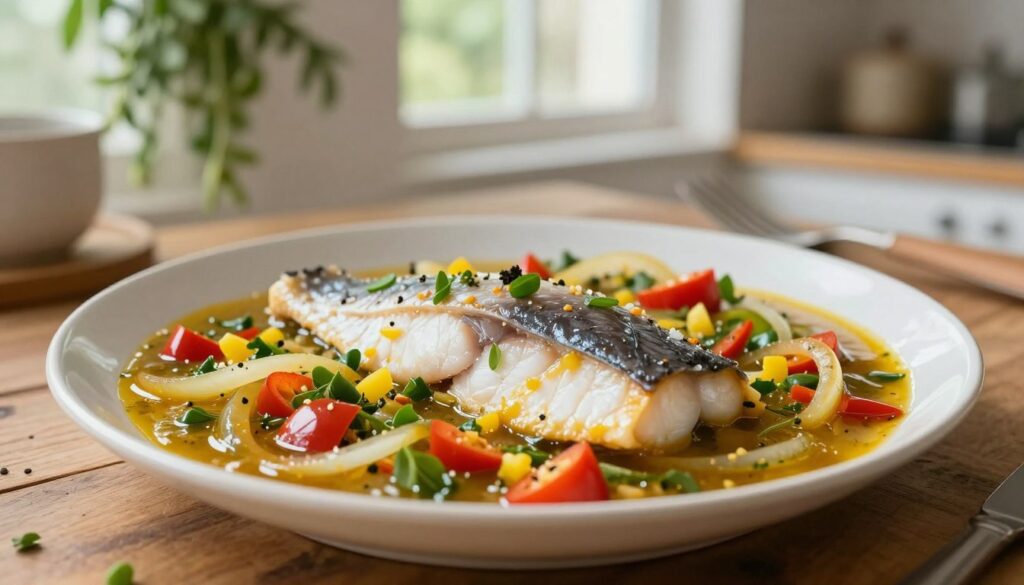 A visually appealing close-up of a plate of herring fillets swimming in a rich, colorful sauce, with vibrant hues of reds, greens, and yellows representing various condiments like onions, peppers, and herbs. The plate is placed on a rustic wooden table, adding warmth to the image. In the background, a soft-focus view of a cozy kitchen setting with herbs hanging and a window letting in natural light creates an inviting atmosphere. The scene captures the essence of indulgence and the hidden caloric trap of sauces. Utilize soft, diffused lighting to highlight the textures of the herring and the vivid colors of the sauce, giving it a fresh, appetizing look. Aim for a warm tone to convey the comfort of home cooking.