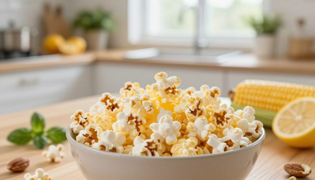 A visually appealing composition featuring a bowl of freshly popped popcorn in the foreground, showcasing its fluffy, buttery texture and golden hue. Surrounding the bowl are vibrant fruits, nuts, and herbs representing vitamins and minerals found in corn, emphasizing a healthy lifestyle. In the middle ground, include a light wooden table with a bright, airy kitchen backdrop, filled with natural light pouring in from a nearby window. Incorporate soft green plants to enhance the healthful atmosphere. The scene is warm and inviting, evoking an atmosphere of wellness and enjoyment. The angle is slightly elevated to capture details of the popcorn and healthy ingredients, with a focus on the textures and colors. Ideal lighting should be soft and natural, highlighting the freshness of the ingredients while maintaining a cozy, homey feel.