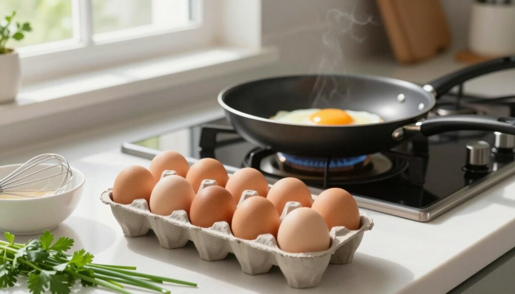 A visually appealing kitchen scene featuring a clean, well-lit countertop with a dozen fresh eggs in an open carton, arranged neatly. The foreground includes a small bowl with a whisk and a few scattered herbs like parsley and chives, suggesting preparation. In the middle, an elegant frying pan is sizzling on a stovetop, with one egg gently frying to a perfect sunny side up. The background showcases a bright window with natural light filtering through, illuminating the kitchen environment and creating a cheerful atmosphere. Gentle shadows add depth, while a warm color palette enhances the inviting feel, implying a healthy lifestyle choice. The overall mood is fresh and energetic, perfect for illustrating the theme of daily egg consumption on a diet.
