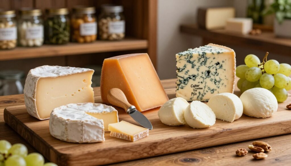A visually engaging arrangement of various types of cheeses displayed on an elegant wooden cheese board. In the foreground, show a variety of cheeses, including a creamy brie, aged cheddar, blue cheese, and fresh mozzarella, each labeled with their names and nutritional composition. In the middle, include accessories like a cheese knife, grapes, and nuts, adding texture and color. The background features soft-focus rustic wooden shelves filled with jars of artisanal cheeses and herbs, enhancing the natural ambiance. The lighting is warm and inviting, creating a cozy atmosphere that highlights the cheeses’ textures and colors. Capture this scene from a slightly elevated angle to provide depth, ensuring a pleasing composition that educates and captivates the viewer.