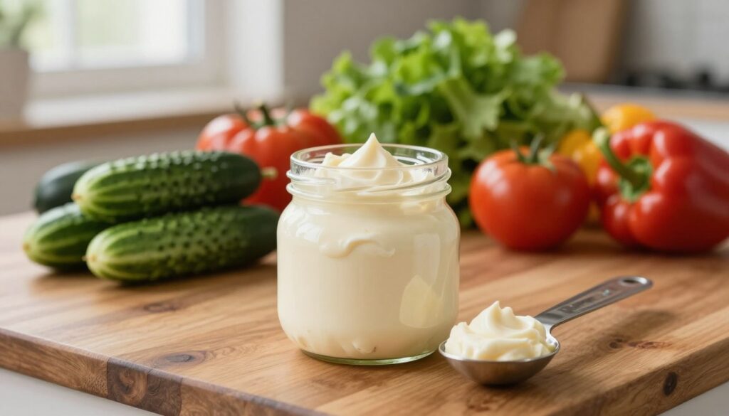 A visually striking image depicting a close-up of a jar of mayonnaise placed on a rustic wooden kitchen table, with a measuring spoon beside it showing a heaping tablespoon portion. In the background, an array of colorful fresh vegetables like cucumbers, tomatoes, and bell peppers suggest healthy alternatives. Subtle light filters through a nearby window, creating soft shadows and highlighting the creamy texture of the mayonnaise. The composition conveys a balanced diet, emphasizing the juxtaposition of indulgence and health. A warm, inviting atmosphere sets the mood, inspiring curiosity about diet choices while maintaining a professional and informative aesthetic.