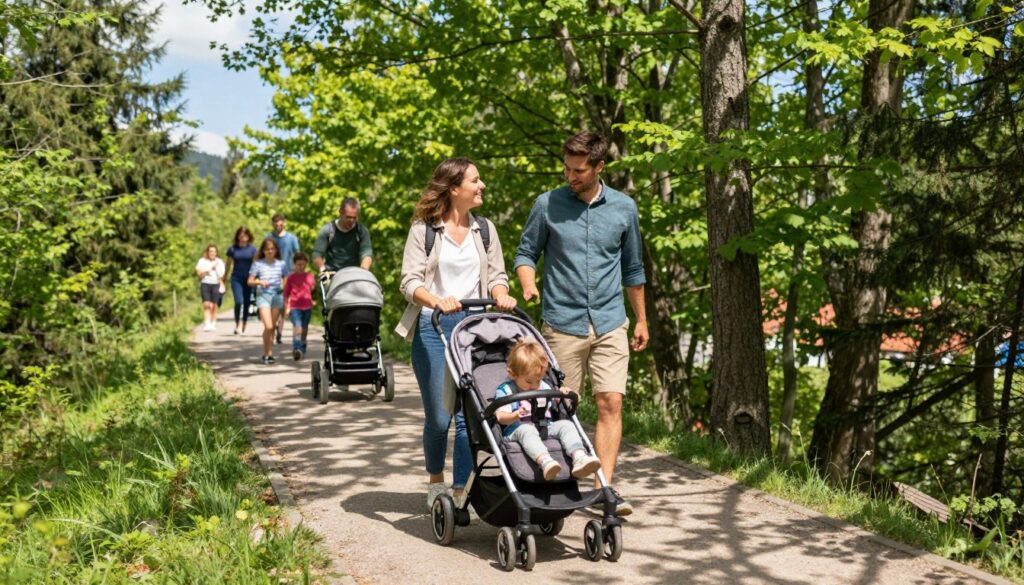 A vivid and heartwarming scene depicting a family enjoying a tree-top walk in Ždiar, Slovakia. In the foreground, a mother and father, wearing comfortable yet stylish casual clothing, are pushing a sturdy baby stroller through the lush, elevated pathways among the trees. The parents are smiling and engaged with their child, who is exploring the sights. In the middle ground, glimpses of other families and individuals with mobility aids can be seen, blending harmoniously with the environment. The background features towering trees, vibrant green leaves, and a clear blue sky, filtering soft sunlight that casts gentle shadows on the path. Overall, the mood is cheerful and inviting, emphasizing inclusivity and the enjoyment of nature.