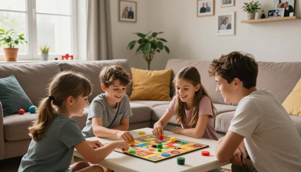 A warm and inviting family scene set in a cozy living room in Uniejowice. In the foreground, a family of four, dressed in modest casual clothing, engages in a playful board game on a low table, their expressions filled with joy and laughter. The middle ground features a soft, plush sofa with colorful cushions and a few toys scattered about, subtly indicating the children's presence and playfulness. In the background, a window allows soft, natural light to flood the room, casting gentle shadows that enhance the atmosphere of comfort and togetherness. Potted plants and family photographs adorn the walls, creating a homely ambiance that reflects the rhythm of family life and their connection to media activities. Overall, the mood is warm, familial, and inviting.
