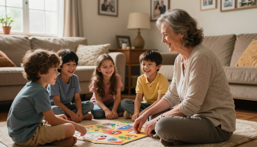 A warm, inviting family scene showcasing the relationships between children and grandchildren within a cozy home environment. In the foreground, a grandmother figure in modest casual clothing sits on the floor, surrounded by her smiling grandchildren engaged in a game. The children, diverse in appearance, display joy and laughter, highlighting the connection between generations. In the middle ground, a soft-lit living room is adorned with family photos and cozy furniture, creating an atmosphere of love and togetherness. In the background, a window allows gentle natural light to filter in, illuminating the warm colors of the room. The mood is nostalgic and heartwarming, capturing the essence of family bonds and connection.