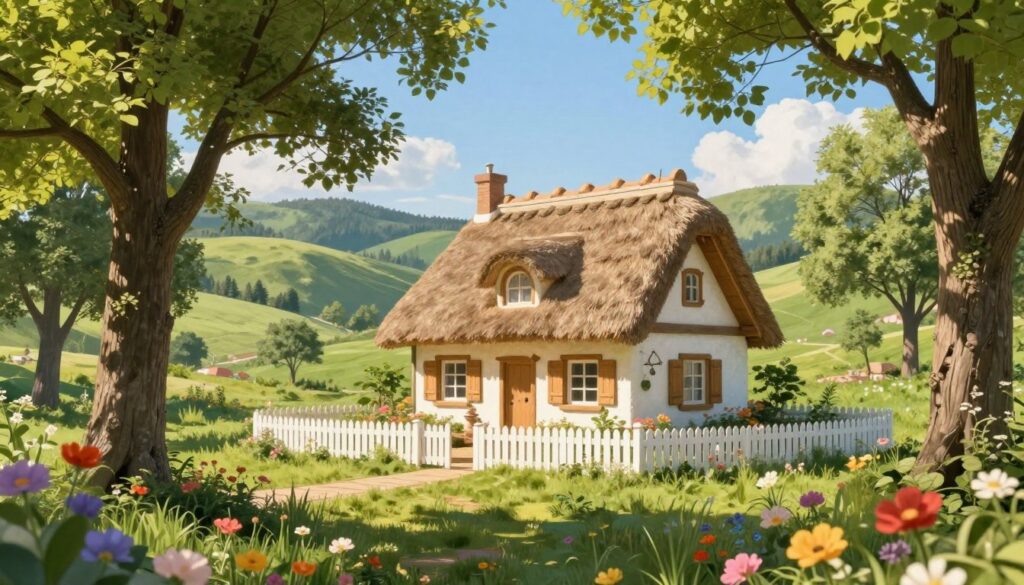 A whimsical, enchanting house nestled in a lush, serene setting that embodies the essence of Smileslow's residence. In the foreground, colorful flowers bloom vibrantly, adding a playful touch. The middle ground features a quaint, charming cottage with a thatched roof and wooden shutters, surrounded by a white picket fence. Tall, gentle trees frame the scene, their leaves dappled in soft sunlight filtering through the branches, creating a warm and inviting atmosphere. In the background, rolling hills extend into the distance, under a clear blue sky with a few fluffy clouds. The overall mood of the image is cheerful and inviting, reflecting a sense of mystery and wonder surrounding the home, captured in a bright, well-lit composition. The lens offers a slightly elevated angle, adding depth and perspective to the idyllic landscape.