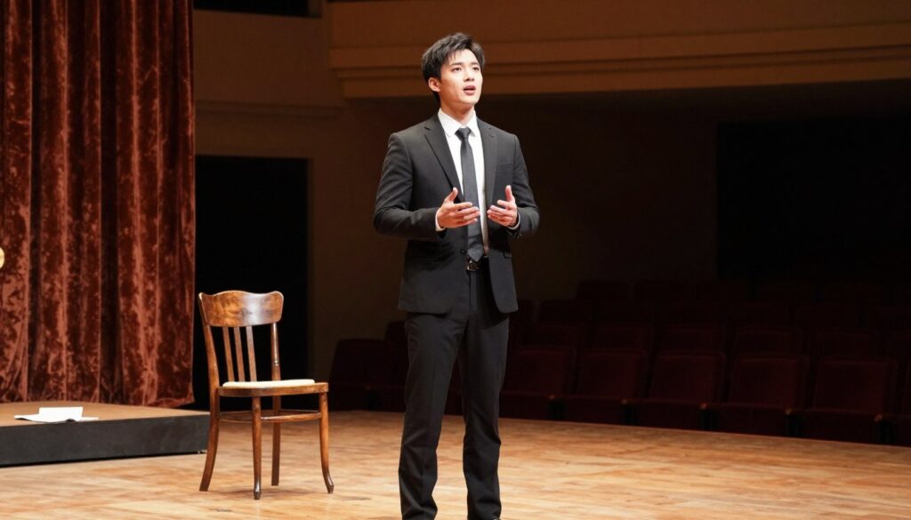 A young male actor in a well-lit theater space, dressed in professional business attire, stands confidently center stage. His expression is one of determination and passion, conveying the journey of self-discovery through acting. The foreground features the actor gesturing as if delivering a powerful monologue, with soft light illuminating his face. In the middle ground, the theater's wooden stage is visible, adorned with subtle props—an old wooden chair and a script lying open. The background showcases plush velvet curtains and dimmed audience seating, creating a warm, inviting atmosphere. The lighting is warm and dramatic, focusing on the actor, suggesting a sense of aspiration and the transformative power of theater in shaping lives. The mood is inspirational and reflective, emphasizing the significance of art in personal growth.